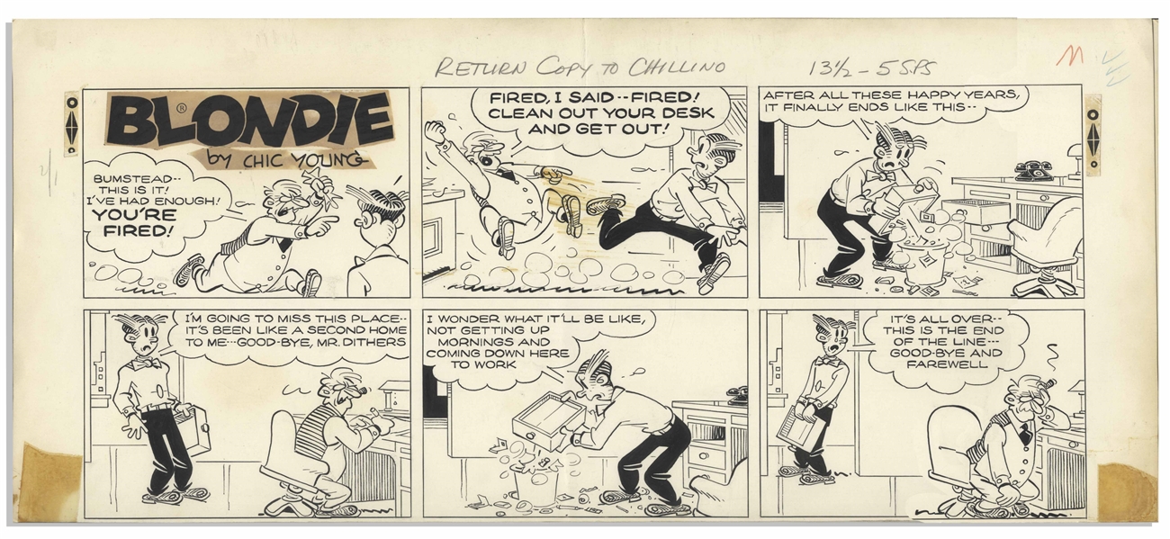 Chic Young Hand-Drawn ''Blondie'' Sunday Comic Strip From 1970 -- Featuring Dagwood & Mr. Dithers